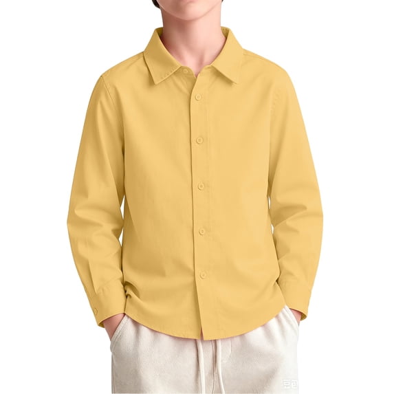 Boys Long Sleeve Dress Shirts Kids Classic Collared Button-Down Shirt School Uniform Shirts 5-14 Years Yellow,4-5 Years