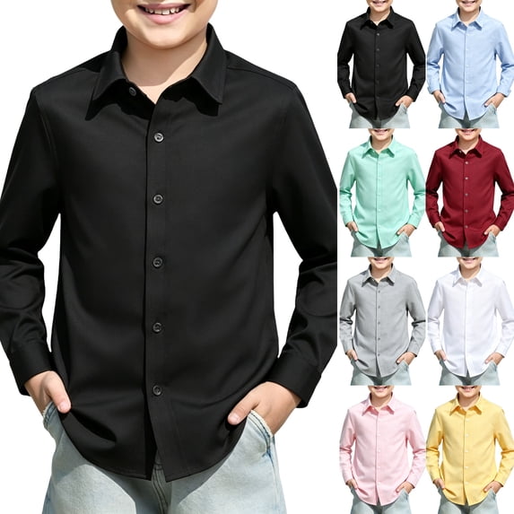Boys Long Sleeve Dress Shirts Kids Classic Collared Button-Down Shirt School Uniform Shirts Black,12-13 Years