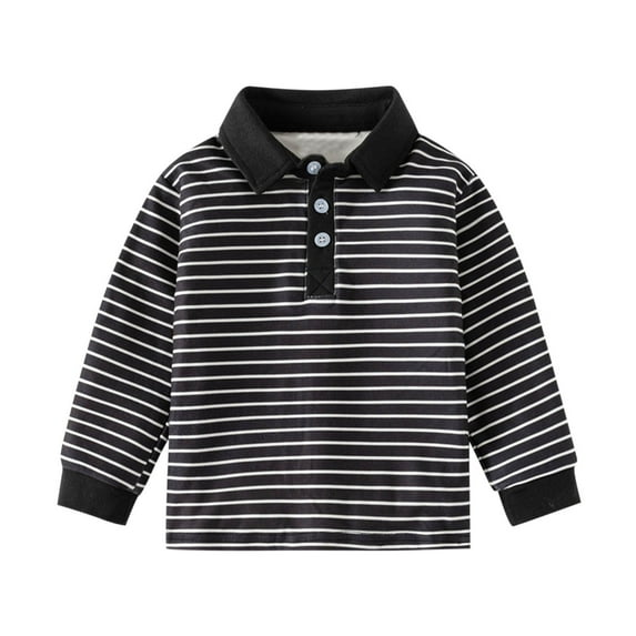 Boys Long Sleeve Henley Rubgy Shirts Collared Golf Dress Striped Tops Size 3-8 Years Cotton School Uniform (7 Years, Black)