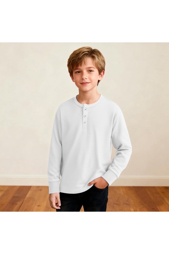 Boys Long Sleeve Henley Shirt, White Waffle Knit Top for Kids, Soft Casual Thermal Button Shirt Comfortable, Ribbed Cuffs,Size 9 T
