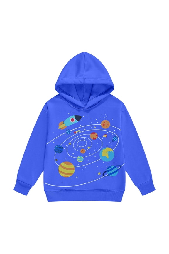 Boys Long Sleeve Hooded Sweatshirt With Cartoon Rocket Planet Print For Fall Winter Kids Pullover Soft Casual Jacket For Youth Outer Cozy