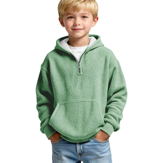 Boys Long Sleeve Hoodie Kids Girls Hafl Zipper Waffle Knit Hooded Shirts Athletic Pullover Streetwear with Pocket Blouses For Juniors