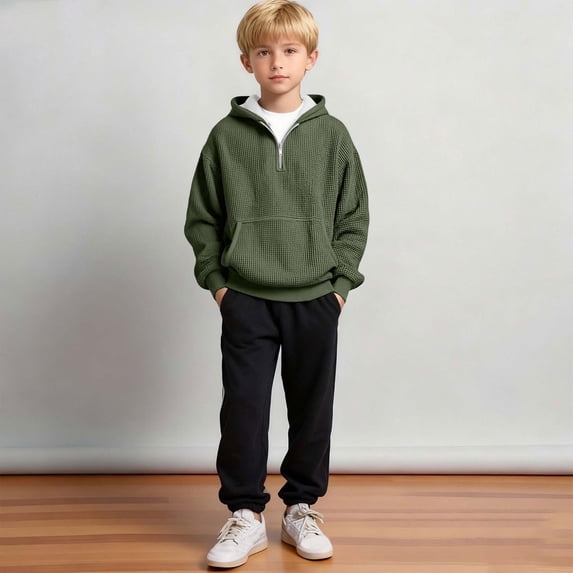 Boys Long Sleeve Hoodie Kids Girls Hafl Zipper Waffle Knit Hooded Shirts Athletic Pullover Streetwear with Pocket Boys Polo Uniform Shirt