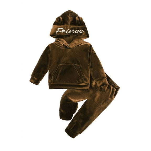 Boys Long Sleeve Letter Embroidery Cute Ear Design Hoodie & Pants Set 2Pcs Cozy Velvet Clothing for Infant Toddler Fall/Winter