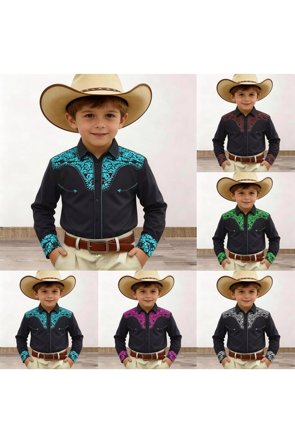 Boys Western Shirts Long Sleeve Pearl Snap Button Down Cowboy Shirt Toddler Kids Retro Country Tops Outfit