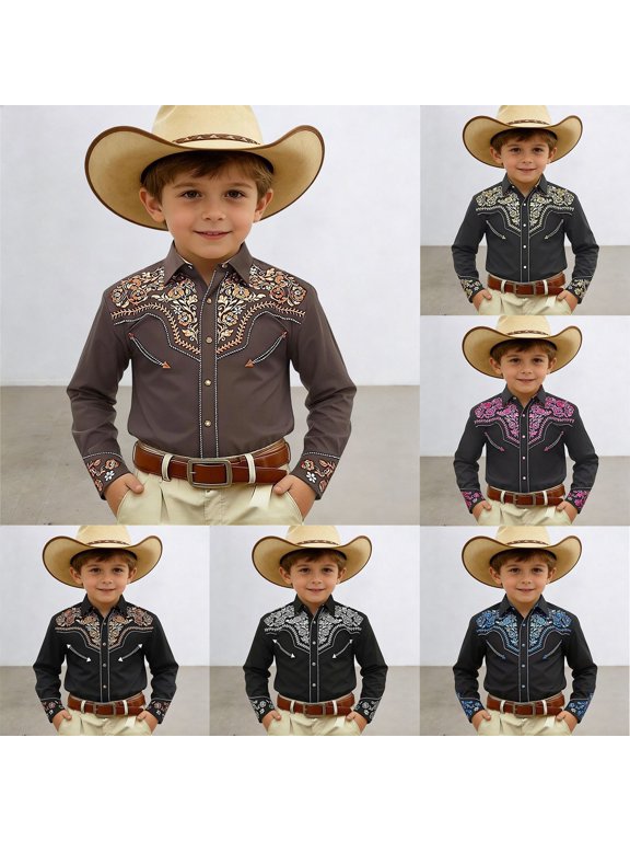 Boys Western Shirts Long Sleeve Pearl Snap Button Down Cowboy Shirt Toddler Kids Retro Country Tops Outfit