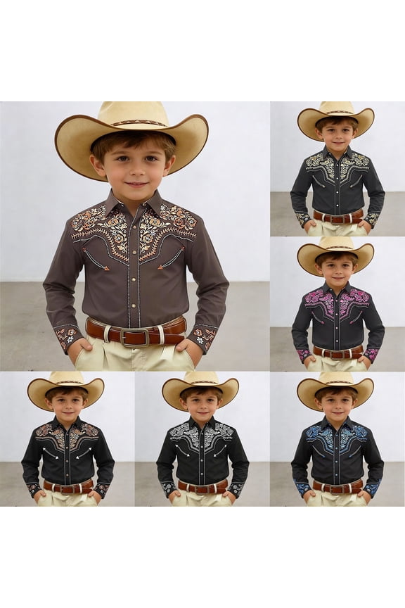 Boys Western Shirts Long Sleeve Pearl Snap Button Down Cowboy Shirt Toddler Kids Retro Country Tops Outfit