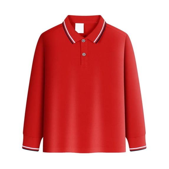 Boys' Long-Sleeve Pique Polo Shirt Winter Soft Casual Polo Shirt School Uniform, Breathable Red 6-7Y