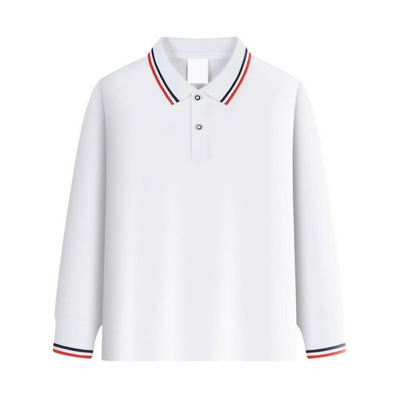 Boys' Long-Sleeve Pique Polo Shirt Winter Soft Casual Polo Shirt School Uniform, Breathable White 9-10Y