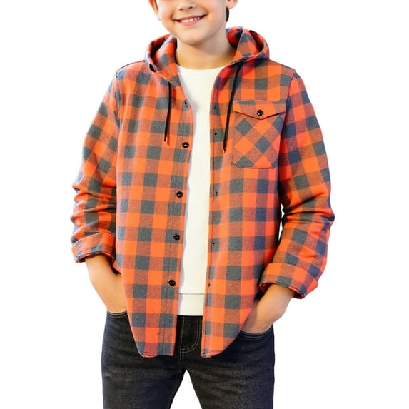 Boys Long Sleeve Plaid Shirt Jacket Kids Button Down Shirt Hoodies Lightweight Classic Collared Shacket with Pocket for 5-14 Years