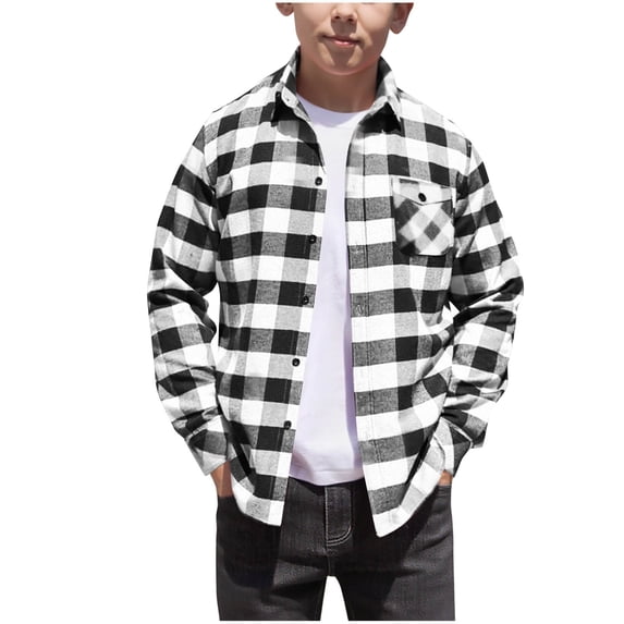 Boys Long Sleeve Plaid Shirt Kids Button Down Shirts Lightweight Classic Collared Blouse with Pocket for 5-14 Years