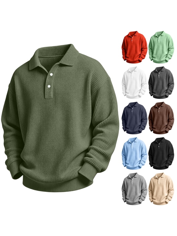 Boys Long Sleeve Polo Shirt Waffle Knit Button Collared Thermal Top, Slim Fit Pullover for Boy School Clothes
