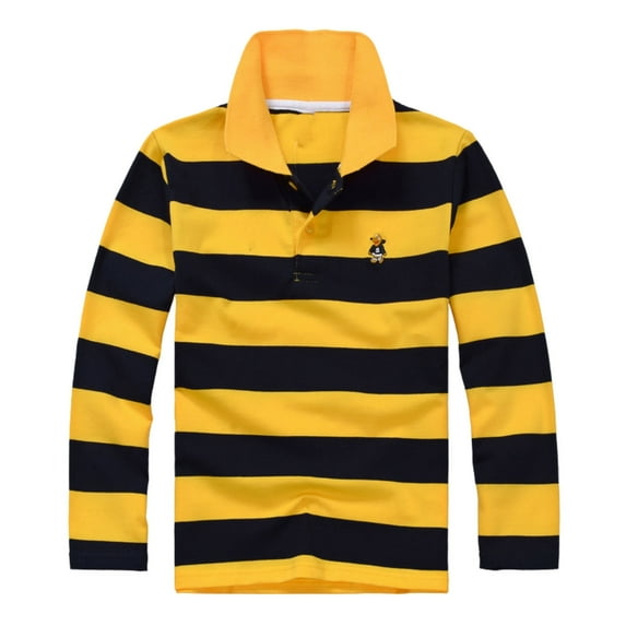 Boys' Long Sleeve Polo Shirts Striped School Uniform T-Shirts Color Blocked Comfortable Button Down Shirts,8-9 Years,Yellow