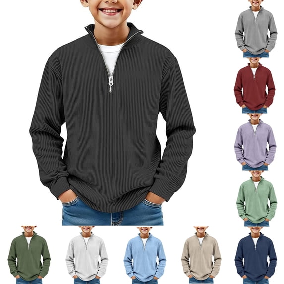 Boys Long Sleeve Shirts Kids Quarter Zip Sweatshirt Soild Casual Pullover Shirt Outdoor Fall Clothes for Boy Khaki 13 Years-14 Years
