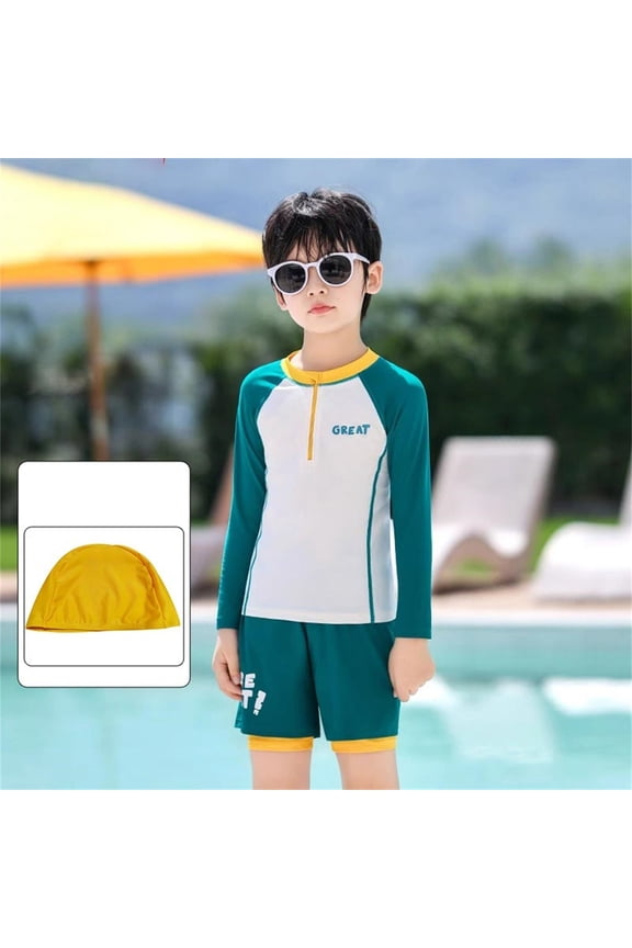 Boys Long Sleeve Rash Guard Set UPF 50+ 2 Piece Swimwear Quick Dry Chlorine Resistant Swim Trunks with Liner Yellow 4-9 Years,Size 8-9 T