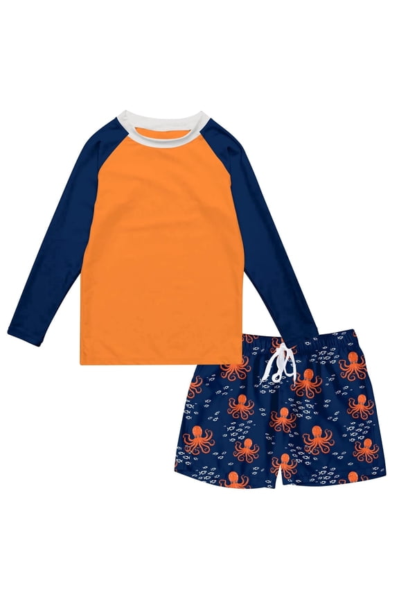 Boys Long Sleeve Rash Guard Swimsuit Kids Two-Pieces Bathing Suits Set