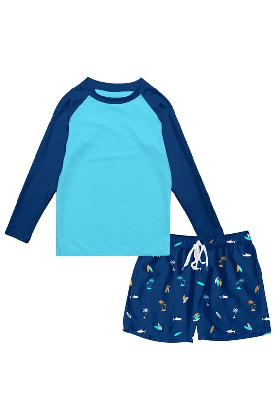 Boys Long Sleeve Rash Guard Swimsuit Kids 2-Pieces Bathing Suits Set