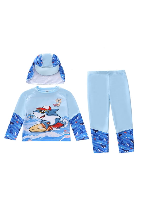 Boys Long Sleeve Rash Guard Swimwear Sun Surfing Beach Swim for Kids Shark Print Crew Neck Full Length Pants Split Swimsuit Light Blue1 11 Years-12 Years