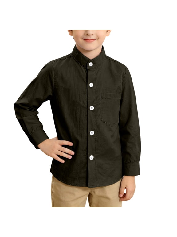 Boys Long Sleeve Shirt Rayon Breathable Casual Button Down Mandarin Collar Relaxed Fit Army Green,Size 3 T