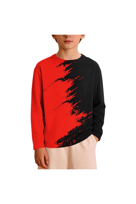 Boys Long Sleeve Shirt - Red Color Block Brushstroke Graphic Tee, Soft Stretchy Athletic Top for Kids, Play & Casual Wear 3-14 Years,Size 3-4 T