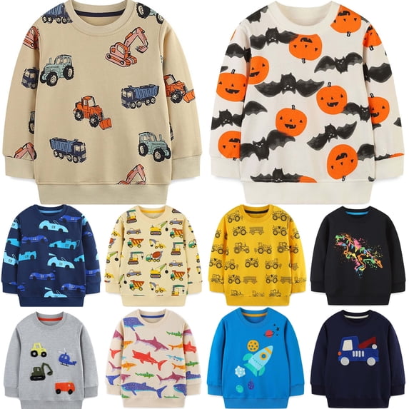LONKITO Boys Long Sleeve Shirts Cotton Graphic Tees Crewneck Pullover Sweatshirts Kids Clothes Size 6-7 Years