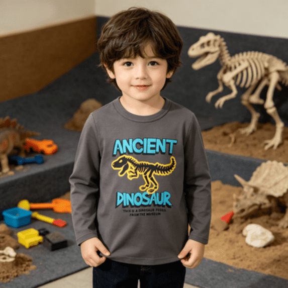 Boys Long Sleeve Shirts Dinosaur Graphic Tees Crew Neck Tshirts Casual Tops for Kids School Play Daily Wear