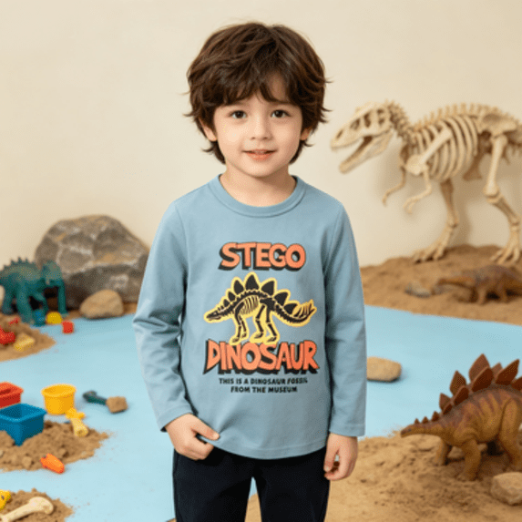 Boys Long Sleeve Shirts Dinosaur Graphic Tees Crew Neck Tshirts Casual Tops for Kids School Play Daily Wear