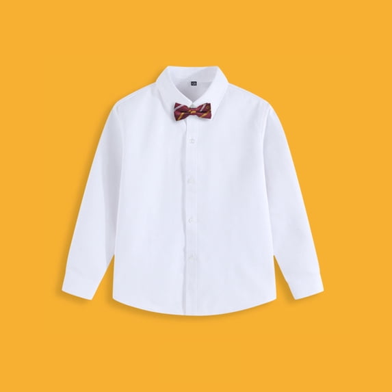 Boys' Long Sleeve Solid Color Dress Shirt with Bow Tie, Comfortable Formal Shirt for Events & Daily Wear, 3-15 Years Red a 11-12 Years