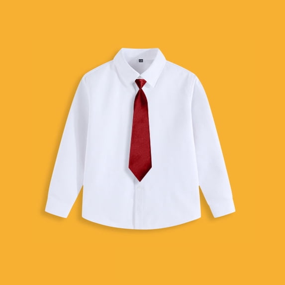 Boys' Long Sleeve Solid Color Dress Shirt with Tie, Breathable Formal Shirt for Daily & Special Occasions, 3-15 Years Red 11-12 Years