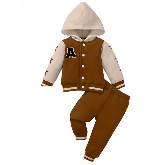 Boys' Long Sleeve Star Patterned Patchwork Baseball Jacket with Hood, Warm Thick Sweatshirt and Pants 2Pcs Casual Sporty Style Outfit