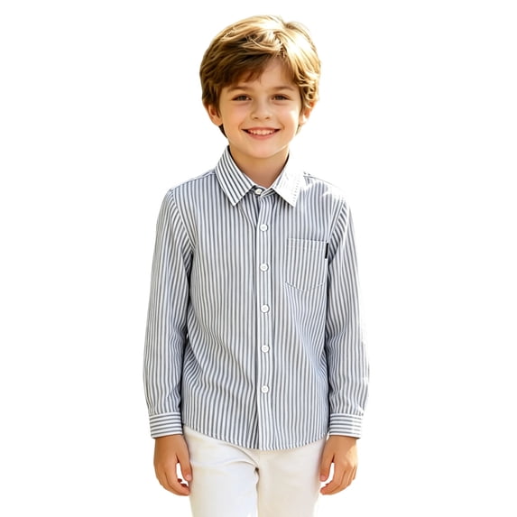 Boys Long Sleeve Striped Button Down Shirt Lapel Collar Gentleman Tops 3-13Y Grey 140