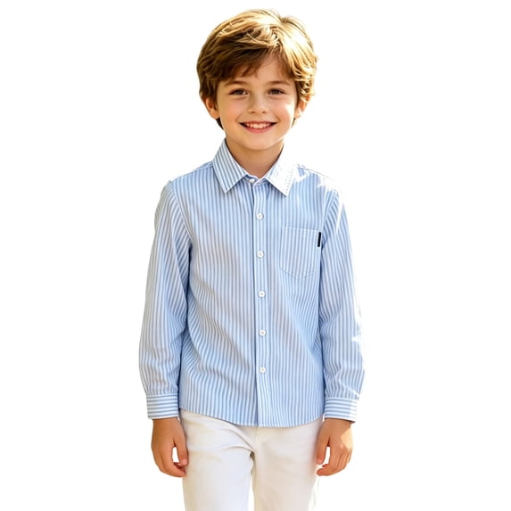 Boys Long Sleeve Striped Button Down Shirt Lapel Collar Gentleman Tops 3-13Y Sky Blue 120