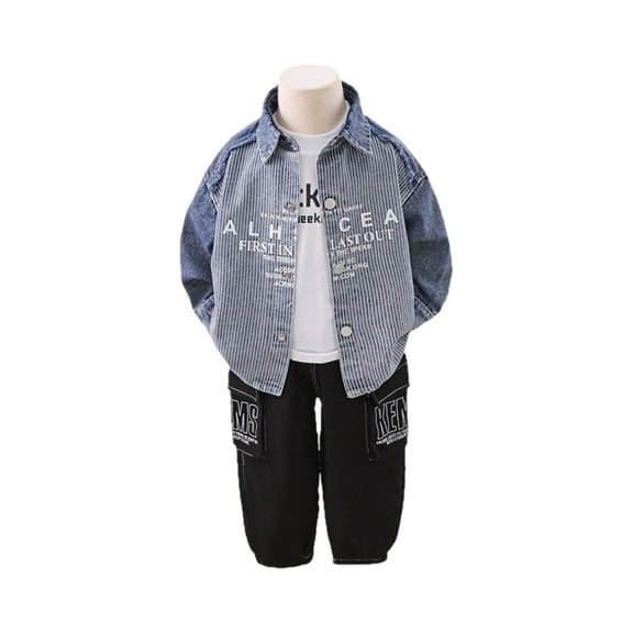 Boys Long Sleeve Striped Denim Jacket and Letter Print Pants Set Casual Outfit for Children Spring Autumn Wear
