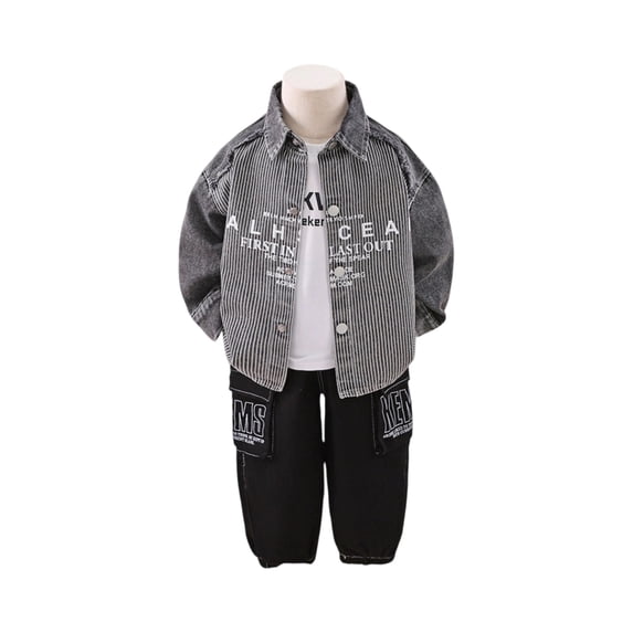 Boys Long Sleeve Striped Denim Jacket and Letter Print Pants Set Casual Outfit for Children Spring Autumn Wear