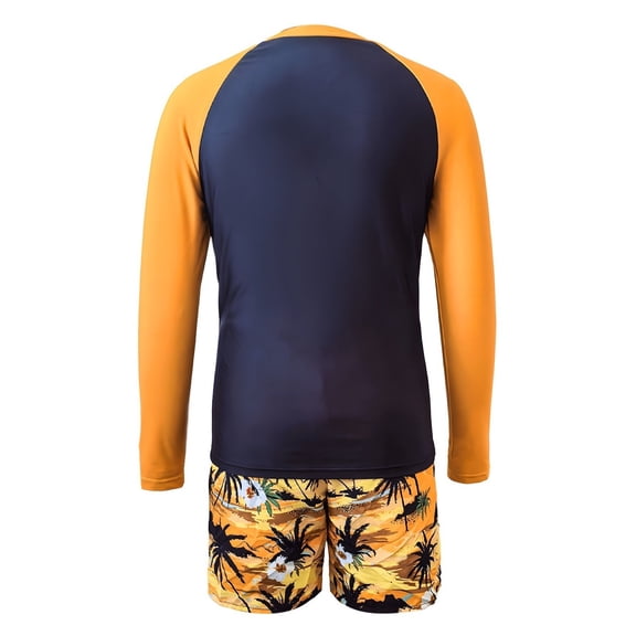 Boys Long Sleeve Swim Shirt and Trunks UPF 50 Sun Rash Guard Swimwear for Kids Ocean Beach Hawaiian Print Crew Neck Long Sleeve Split Swimsuit Orange 9 Years-10 Years