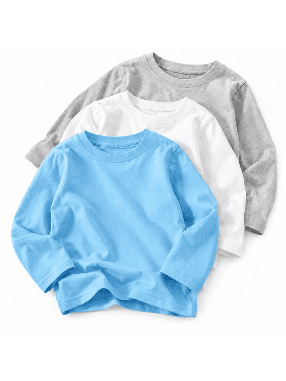 Boys Long Sleeve T Shirts Kids 3 Pack Cotton Crew Neck Tops Soft Toddler Clothes For 3T-12