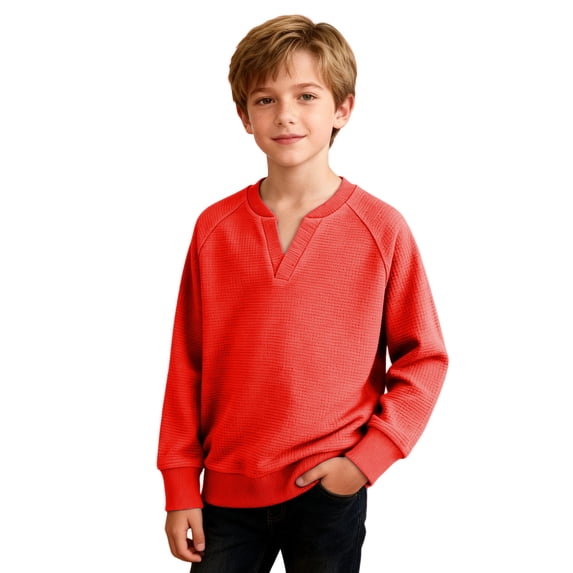 Boys' Long Sleeve Tops Waffle Knit Spring Fall Clothes Lightweight Casual Henley Plain Pullover Raglan Sweatshirt (5 Years, Red)