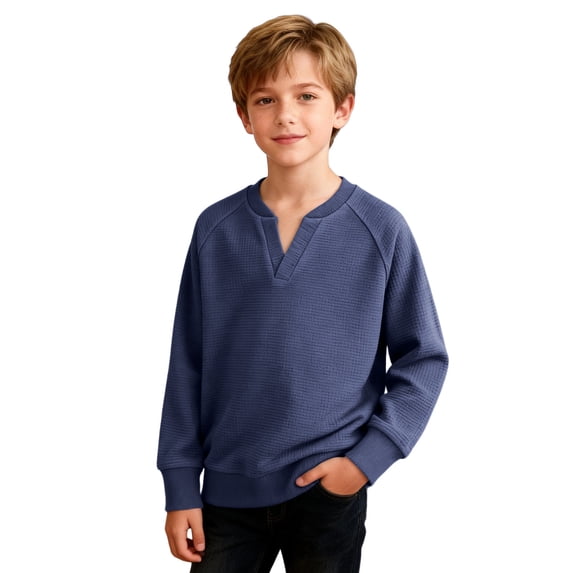 Boys' Long Sleeve Tops Waffle Knit Spring Fall Clothes Lightweight Casual Henley Plain Pullover Raglan Sweatshirt (7 Years, Navy)