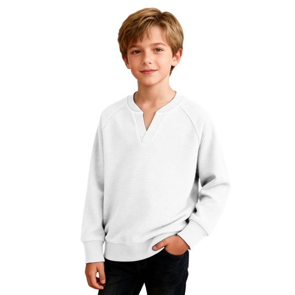 Boys' Long Sleeve Tops Waffle Knit Spring Fall Clothes Lightweight Casual Henley Plain Pullover Raglan Sweatshirt (9 Years, White)