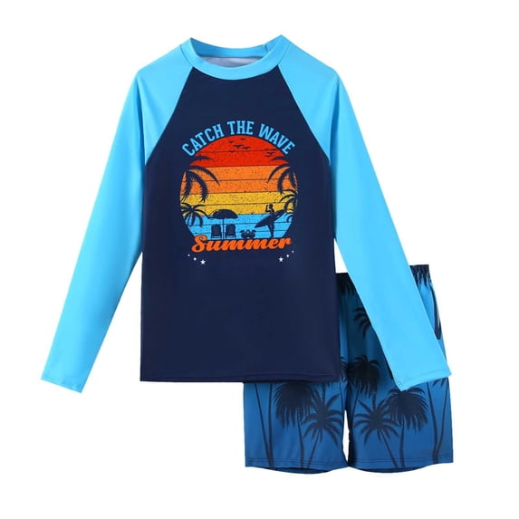 Boys Long Sleeve Two Piece Swimsuit Summer Coconut Tree Print Sun Protection Swim Shirt Quick Dry Shorts Set for Kids Blue 7 Years-8 Years