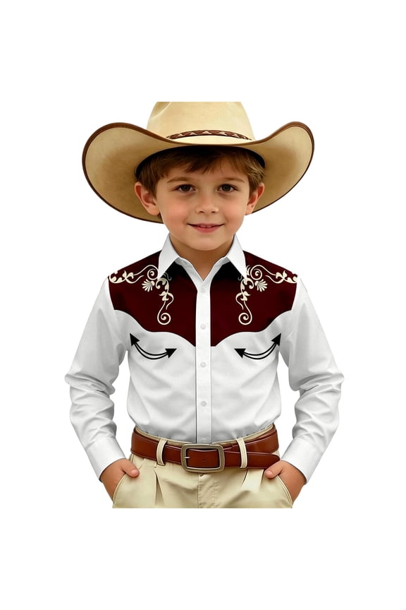 Boys Long Sleeve Western Print Shirt Cowboy Top Casual Button Up Blouse Youth Clothes