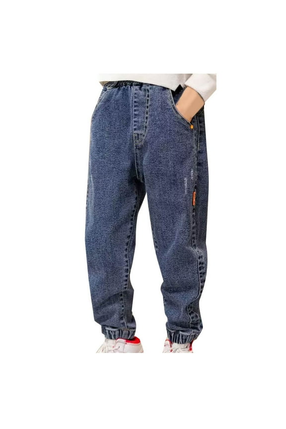 Boys Loose Jeans Winter Fleece Lined Denim Pants Elastic Waist Casual Harem Trousers with Pocket Tween Girls Gift, Navy, 8 Years