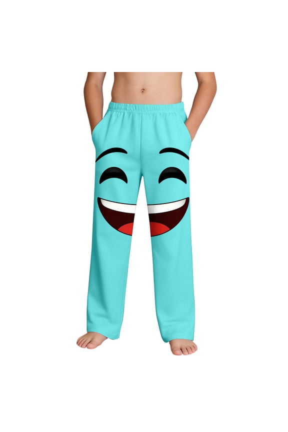 Boys Lounge Pants Soft Green with Pockets Smiley Face Print Kids Sleep Bottoms Ages 4-14,Size 6 T