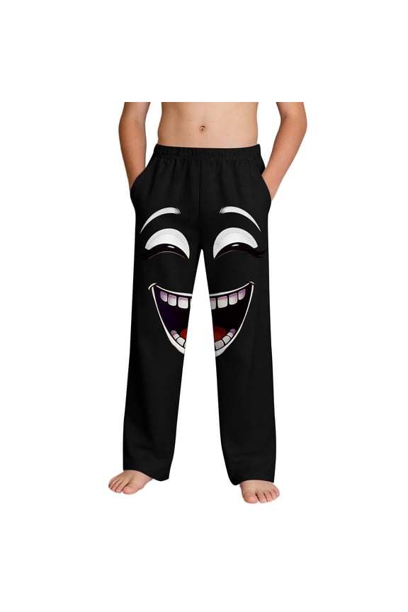 Boys Lounge Pants with Smiley Face Print - Soft Casual Sweatpants for Kids, Oversized Comfort Fit with Pockets, Black, Sizes 4-14,Size 4 T