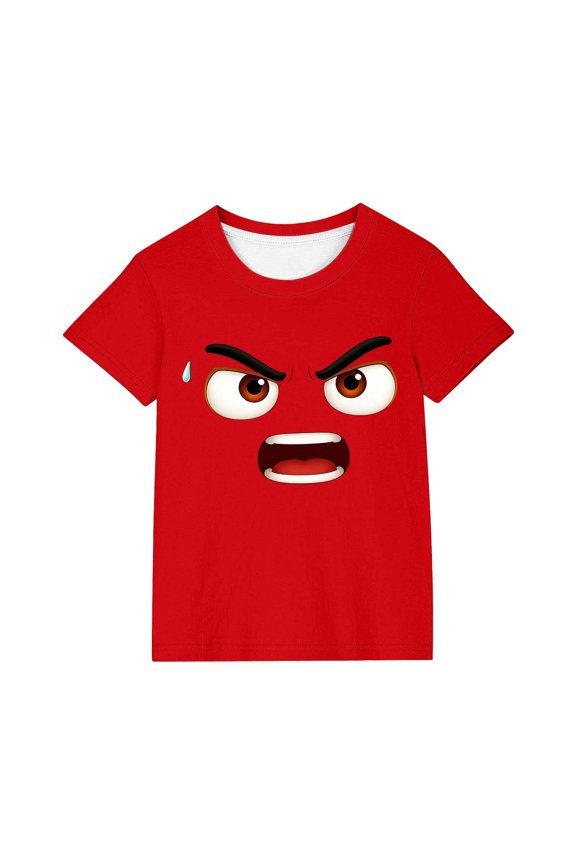 Boys Lovely Expression Print Short Sleeve T-Shirt Solid Color, Loose Comfortable Graphic Tee for Summer, for 3-10 Years