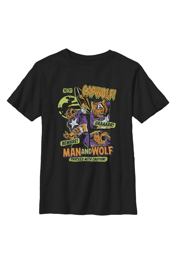 Boys Marvel Capwolf Man And Wolf Proceed With Caution T Shirt