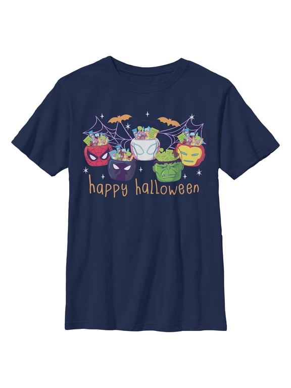 Boys Marvel Happy Halloween Super Heroes Candy Bucket T Shirt