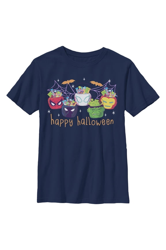 Boys Marvel Happy Halloween Super Heroes Candy Bucket T Shirt