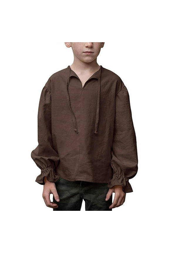 Boys Medieval Costume Shirt Kids Lace Up Pullover Medieval Renaissant Ruffled Long Sleeve Scottish Jacobite Tops Brown for 10-12 Years
