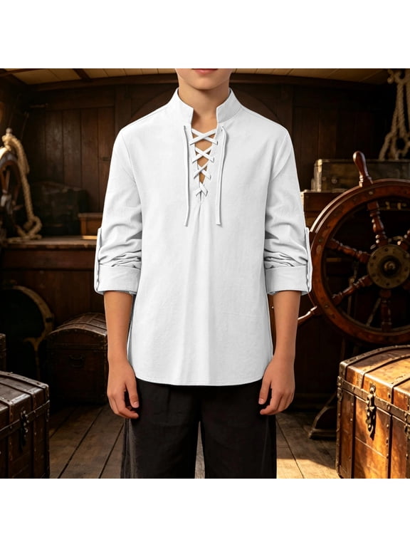 Boys Medieval Lace Up Tunic Shirt Wrinkle Washed Renaissance Top For Halloween Stage Fun